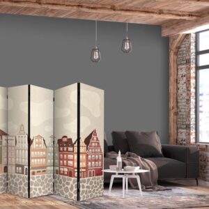 Parawan - Plac Solny - kolorowe ilustrowane kamieniczki na tle nieba z chmurami