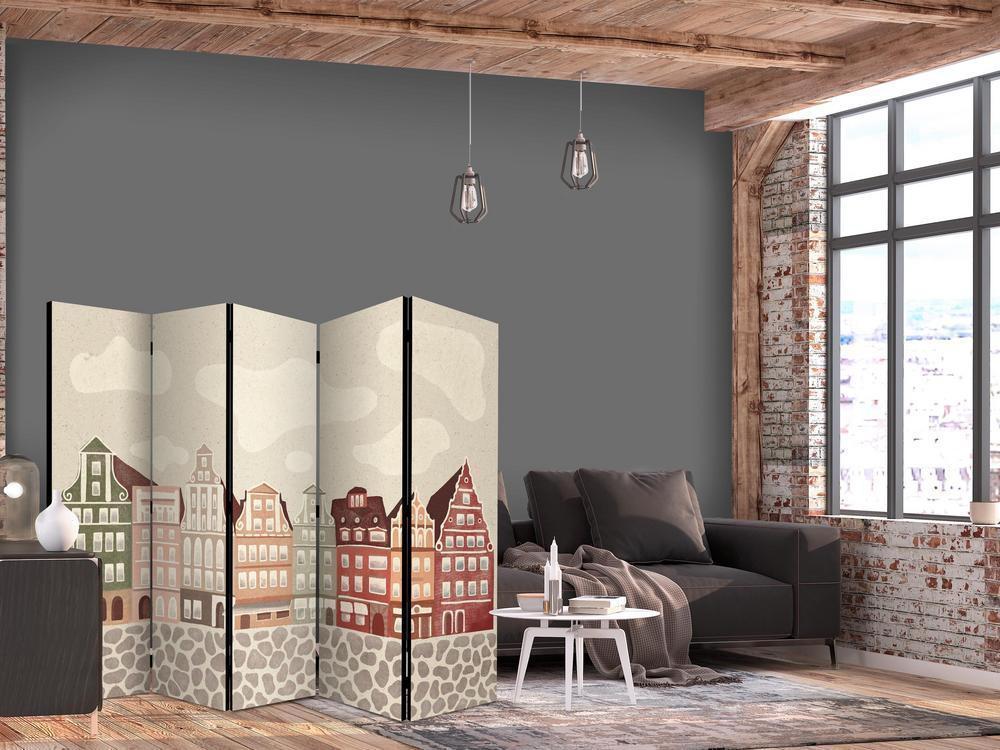 Parawan - Plac Solny - kolorowe ilustrowane kamieniczki na tle nieba z chmurami