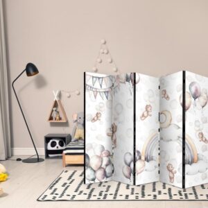 Parawan - Pluszowe misie z balonikami - Latające jasno-brązowe misie pośród balonów - chmur i tęczy w stonowanej - pastelowej kolorystyce