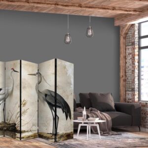 Parawan - Ptaki ze starej ryciny - ilustracja w stylu vintage, przedstawiająca czaplę i żurawia