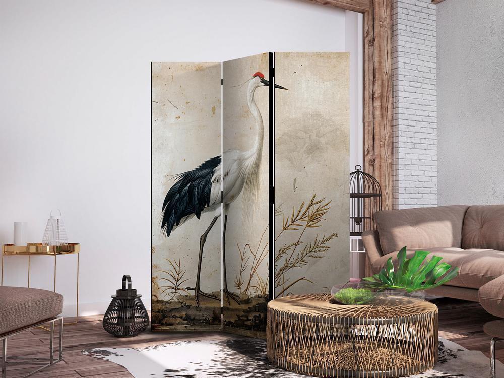 Parawan - Ptaki ze starej ryciny - ilustracja w stylu vintage, przedstawiająca czaplę i żurawia