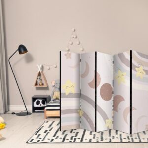 Parawan - Radosne niebo - Żółte wesołe gwiazdki z tęczą na tle faz księżyca - na niebie w kolorystyce jasnego beżu