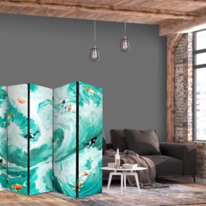 Parawan - Rybki Koi wśród fal - Japońskie ryby pośród fal w odcieniach turkusu i bieli