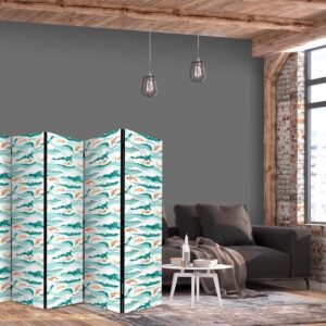 Parawan - Ryby wyskakujące ponad fale - Orientalne ryby i lilie wodne wśród wysokich fal w barwach morskiej zieleni