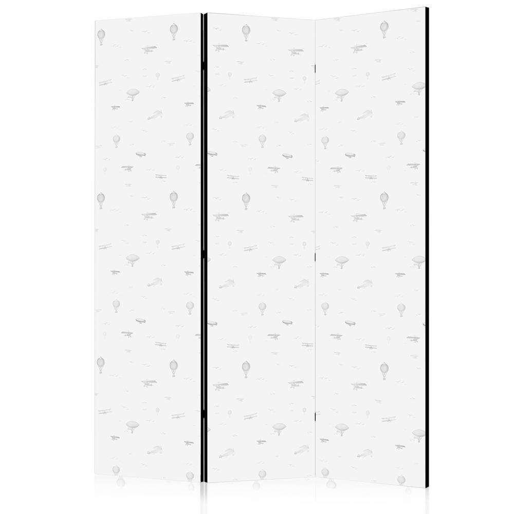 Parawan - Rysunek - samoloty - balony i sterowce na tle nieba pełnego ptaków