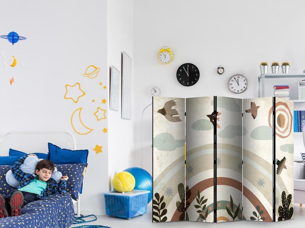 Parawan - Słońce ponad tęczą - Ptaki w stonowanej kolorystyce - latające wśród chmur ponad tęczą i roślinnością na jasno-beżowym tle