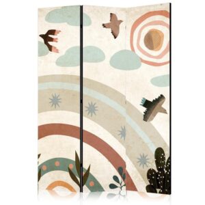 Parawan - Słońce ponad tęczą - Ptaki w stonowanej kolorystyce - latające wśród chmur ponad tęczą i roślinnością na jasno-beżowym tle