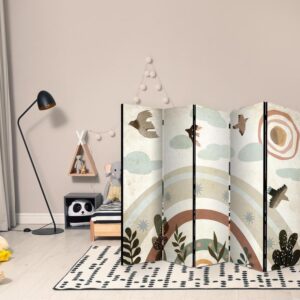 Parawan - Słońce ponad tęczą - Ptaki w stonowanej kolorystyce - latające wśród chmur ponad tęczą i roślinnością na jasno-beżowym tle