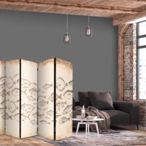 Parawan - Szkic ławicy ryb - Szkice różnych gatunków ryb płynących w ławicy na beżowym tle w stylu vintage