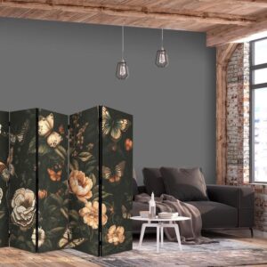 Parawan - Tajemniczy ogród - motyle latające nad kwiatami - rustykalny wieczór