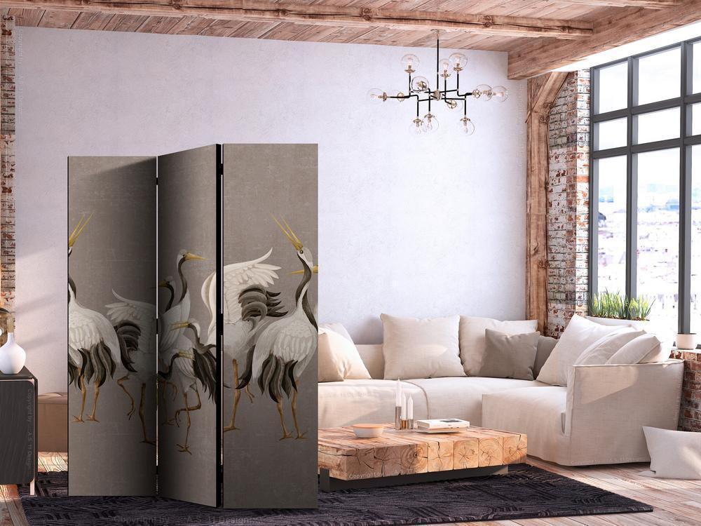 Parawan - Taniec żurawi - jasne sylwetki ptaków na ciepło-szarym tle z fakturą