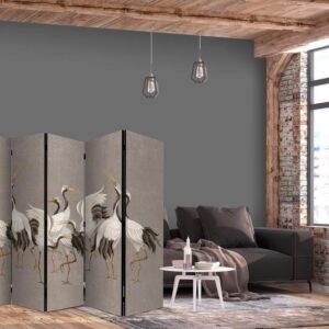 Parawan - Taniec żurawi - jasne sylwetki ptaków na ciepło-szarym tle z fakturą