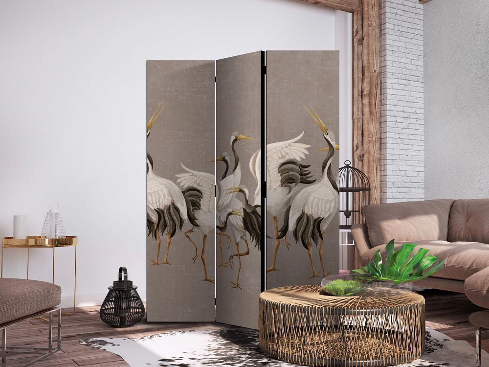 Parawan - Taniec żurawi - jasne sylwetki ptaków na ciepło-szarym tle z fakturą