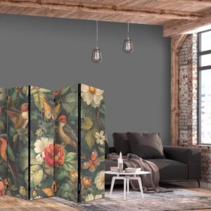 Parawan - W ogrodzie botanicznym - kwiaty ptaki i motyle - barwna ilustracja