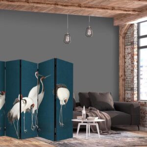 Parawan - Wieczór nad stawem - grupa żurawi narysowana suchą pastelą, na ciemno-turkusowym tle