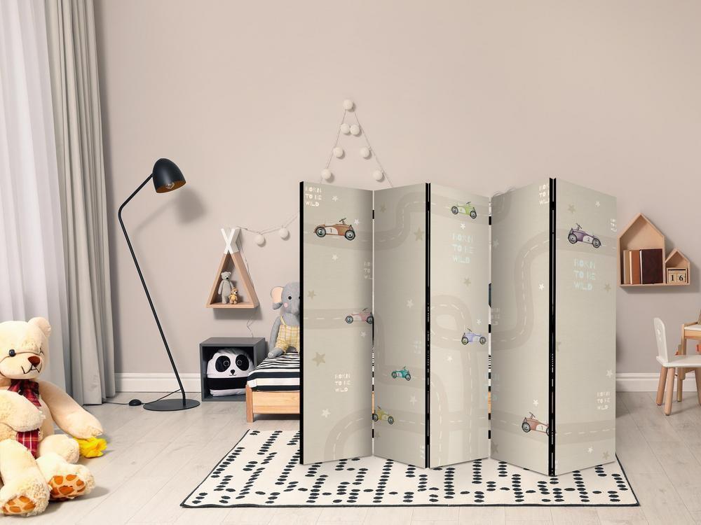 Parawan - Wyścig - kolorowe autka na drodze na beżowym tle w gwiazdki