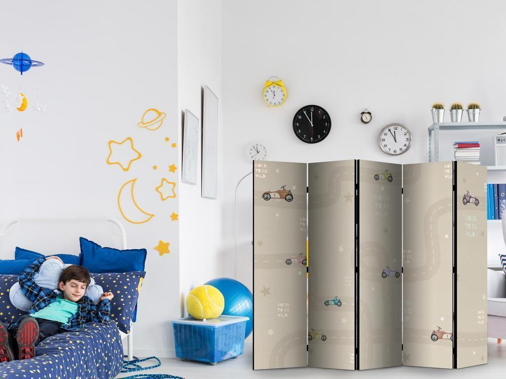 Parawan - Wyścig - kolorowe autka na drodze na beżowym tle w gwiazdki