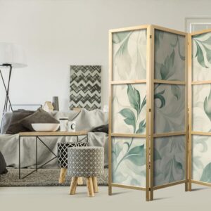 Parawan japoński - Akwarelowy motyw botaniczny - delikatne zielono-beżowe listki