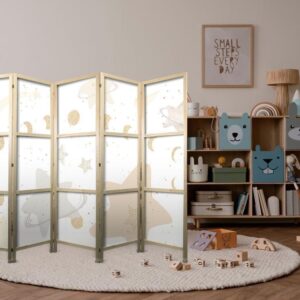 Parawan japoński - Bajeczna galaktyka - Fazy księżyca w odcieniach żółci wśród gwiazdek w barwach beżu i popielu z gwiezdnym pyłem