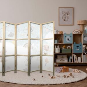 Parawan japoński - Balony na niebie - Balony w pastelowych barwach latające po zachmurzonym niebie - wśród tęczy i gwiazd