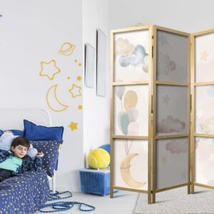 Parawan japoński - Baśniowy księżyc - Księżyc z balonikami wśród chmur i gwiazdek w stonowanych kolorach na jasnym - beżowym tle