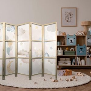 Parawan japoński - Baśniowy księżyc - Księżyc z balonikami wśród chmur i gwiazdek w stonowanych kolorach na jasnym - beżowym tle