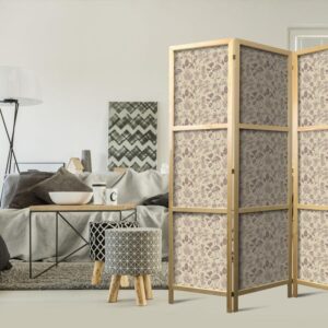 Parawan japoński - Beżowa natura lasu - grzyby kwiaty i zioła na jasnym tle