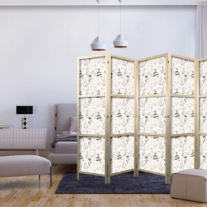 Parawan japoński - Botaniczna ilustracja - rysunek kwiatów i ziół - beżowe szarości