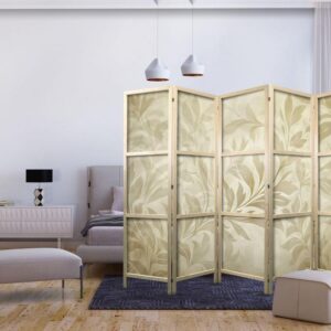 Parawan japoński - Botaniczny motyw z listkami i pnączami w kolorach piaskowych