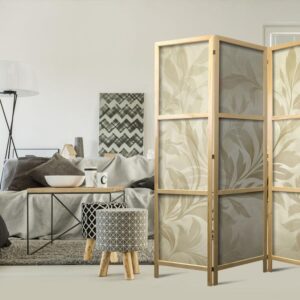 Parawan japoński - Botaniczny motyw z listkami i pnączami w kolorach piaskowych