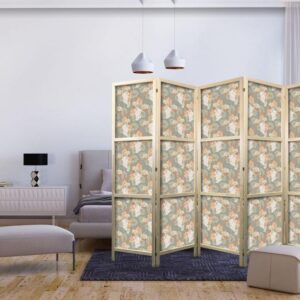 Parawan japoński - Bukieciki - egzotyczne kwiaty i liście na szaro - zielonym tle