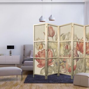 Parawan japoński - Bukiet z tulipanami - kolorowe kwiaty na jasnym tle - ilustracja