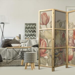 Parawan japoński - Bukiet z tulipanami - kolorowe kwiaty na jasnym tle - ilustracja