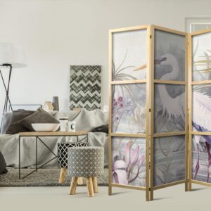 Parawan japoński - Czapla brodząca w stawie - ilustracja w jasnej kolorystyce