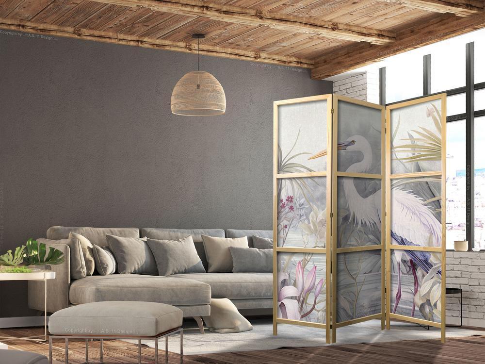 Parawan japoński - Czapla brodząca w stawie - ilustracja w jasnej kolorystyce