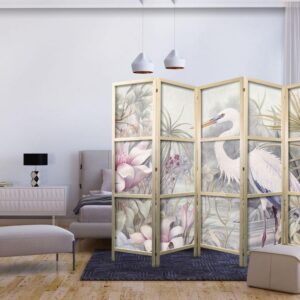 Parawan japoński - Czapla brodząca w stawie - ilustracja w jasnej kolorystyce