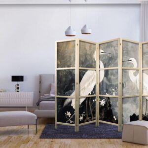 Parawan japoński - Czaple i kwiat wiśni - ilustracja w orientalnym stylu przedstawiająca ptaki