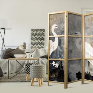 Parawan japoński - Czaple i kwiat wiśni - ilustracja w orientalnym stylu przedstawiająca ptaki