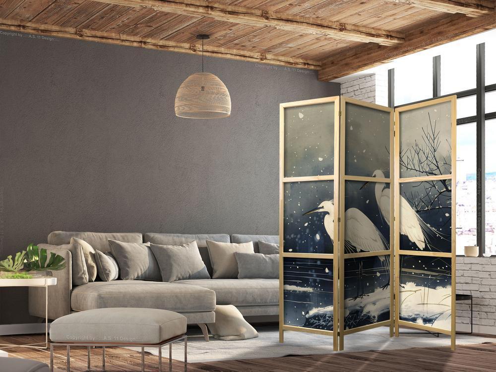 Parawan japoński - Czaple nad zimowym stawem - ilustracja w stylu japońskiego w ciemnej kolorystyce