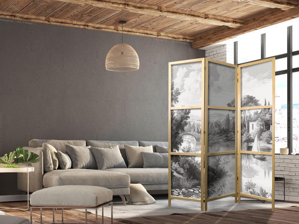 Parawan japoński - Czarno-biały pejzaż vintage - retro widok na staw z łódką