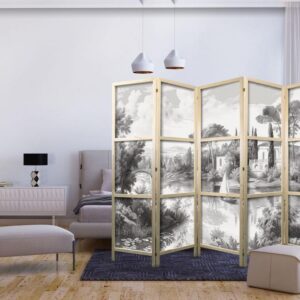 Parawan japoński - Czarno-biały pejzaż vintage - retro widok na staw z łódką