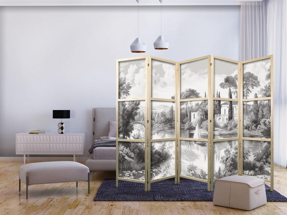 Parawan japoński - Czarno-biały pejzaż vintage - retro widok na staw z łódką