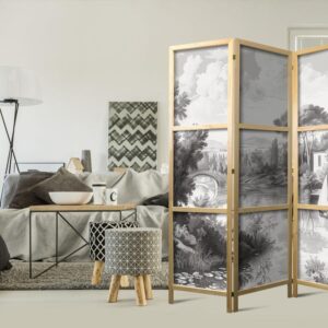 Parawan japoński - Czarno-biały pejzaż vintage - retro widok na staw z łódką