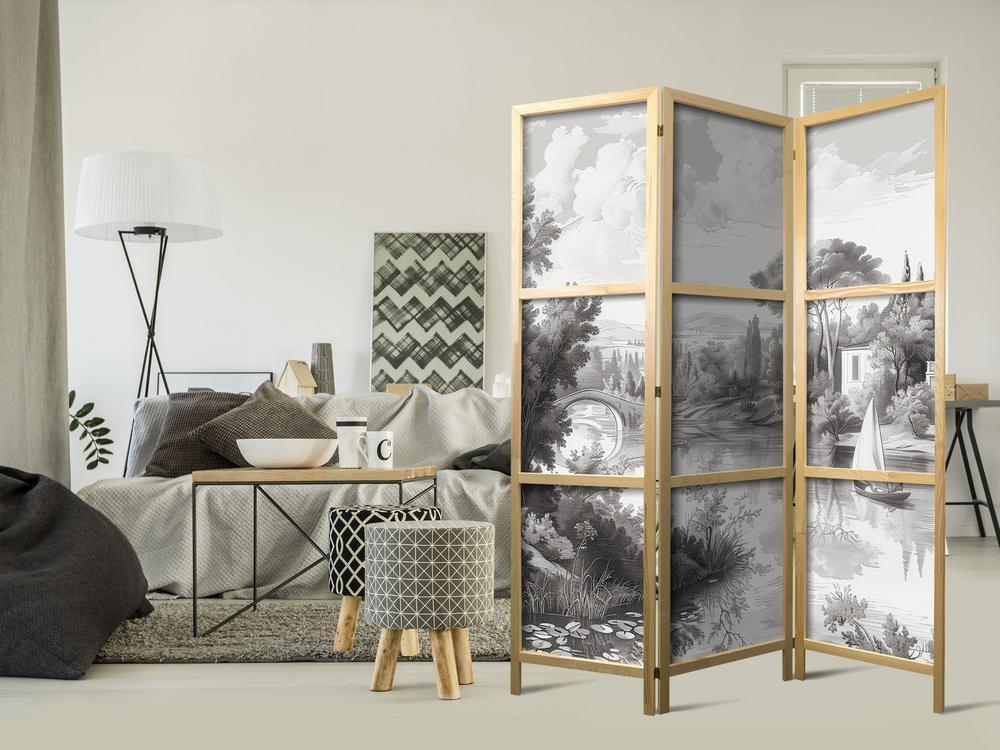 Parawan japoński - Czarno-biały pejzaż vintage - retro widok na staw z łódką