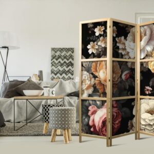 Parawan japoński - Florystyka w stylu vintage - ogrom kolorowych kwiatów na czarnym tle