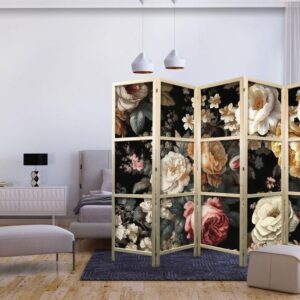 Parawan japoński - Florystyka w stylu vintage - ogrom kolorowych kwiatów na czarnym tle