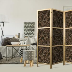 Parawan japoński - Gęsta roślinność - botaniczne wzory w ilustracyjnym stylu brązowe