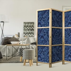 Parawan japoński - Gęsta roślinność - botaniczne wzory w ilustracyjnym stylu niebieskie