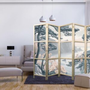 Parawan japoński - Górzyste wybrzeże z drzewami i skałami - w lekkich pastelowych błękitach