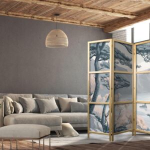 Parawan japoński - Górzyste wybrzeże z drzewami i skałami - w lekkich pastelowych błękitach